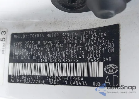 2006 Toyota Corolla Le from USA, damaged, VIN 2T1BR30E06C683473